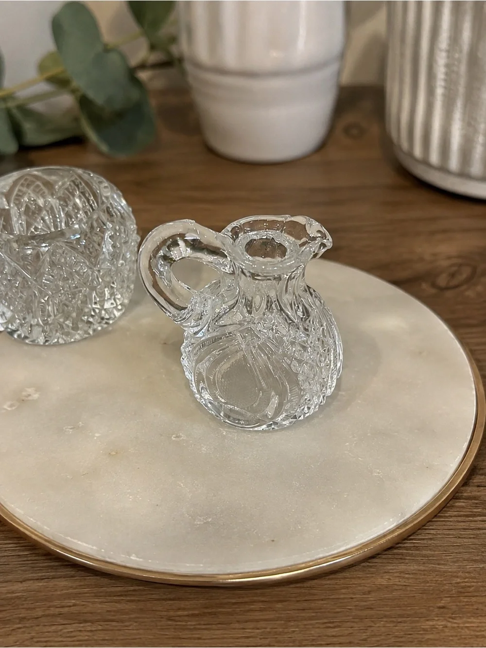 Vintage Miniature Cut Glass Set Vase Open Salt Pitcher Creamer 3 Pc Clear